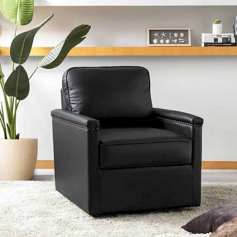Genuine Leather 360 Swivel Armchair with Nailhead Trims