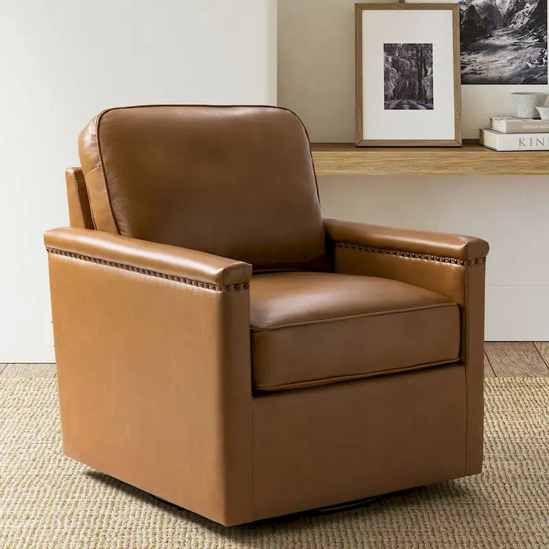 Genuine Leather 360 Swivel Armchair with Nailhead Trims