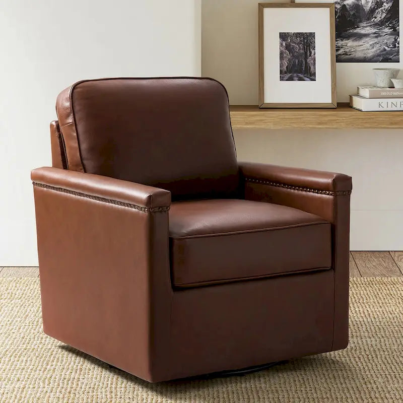 Genuine Leather 360 Swivel Armchair with Nailhead Trims