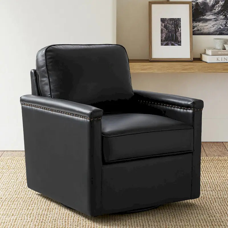 Genuine Leather 360 Swivel Armchair with Nailhead Trims