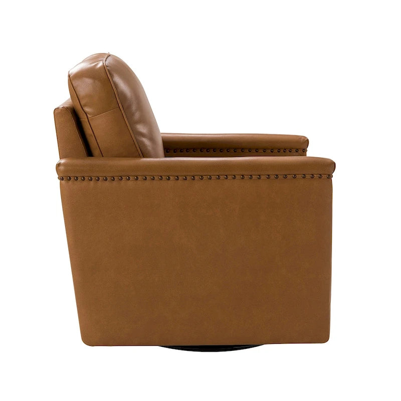 Genuine Leather 360 Swivel Armchair with Nailhead Trims