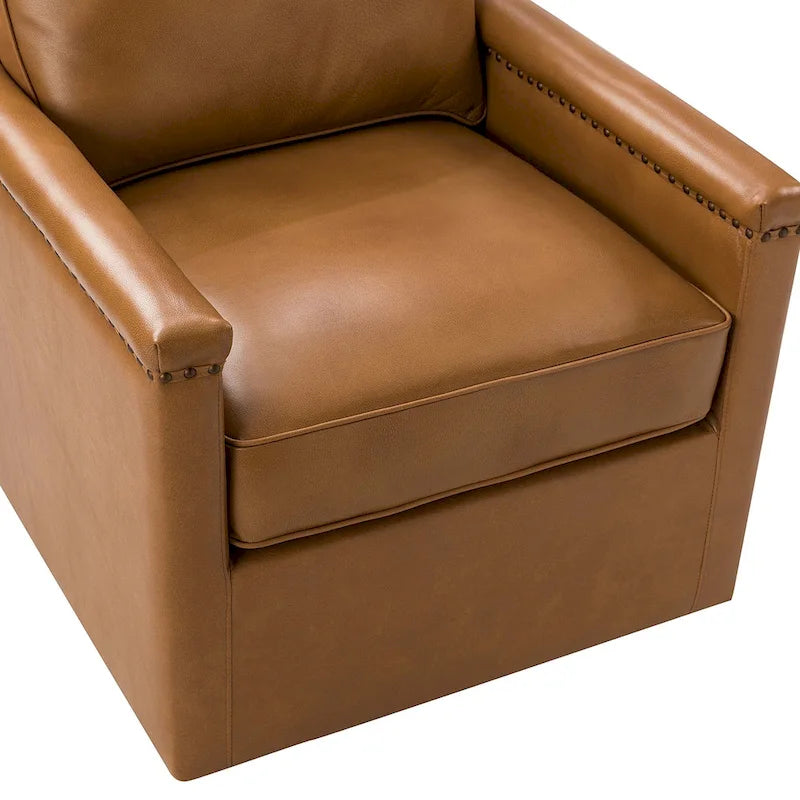 Genuine Leather 360 Swivel Armchair with Nailhead Trims