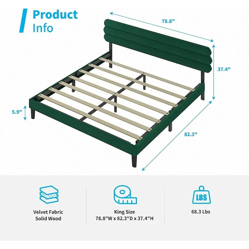Velvet Upholstered Bed Frame with Tufted Headboard - King/Queen/Full