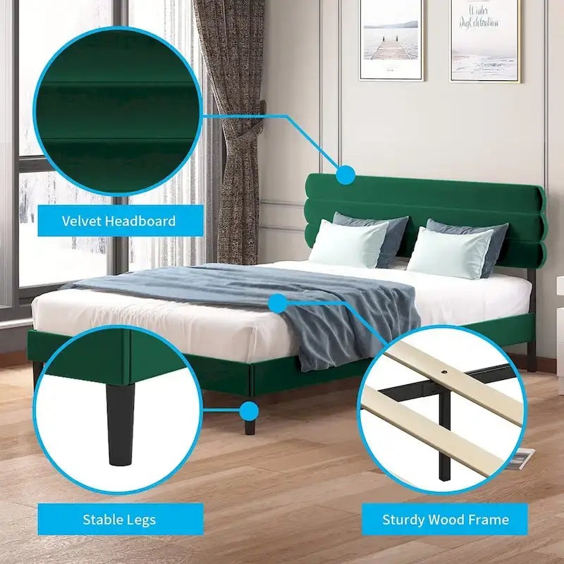 Velvet Upholstered Bed Frame with Tufted Headboard - King/Queen/Full