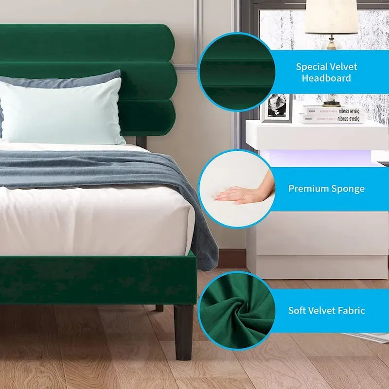 Velvet Upholstered Bed Frame with Tufted Headboard - King/Queen/Full
