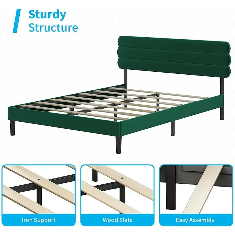 Velvet Upholstered Bed Frame with Tufted Headboard - King/Queen/Full