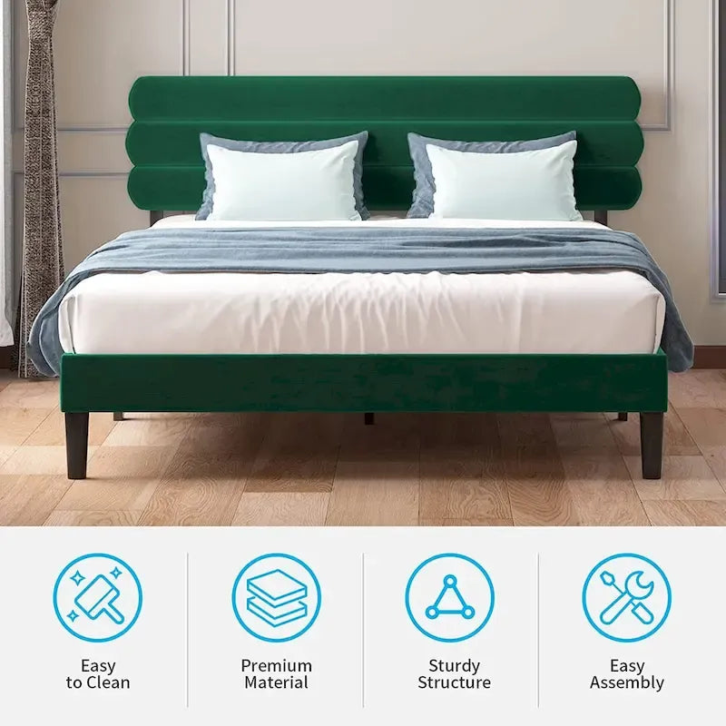 Velvet Upholstered Bed Frame with Tufted Headboard - King/Queen/Full