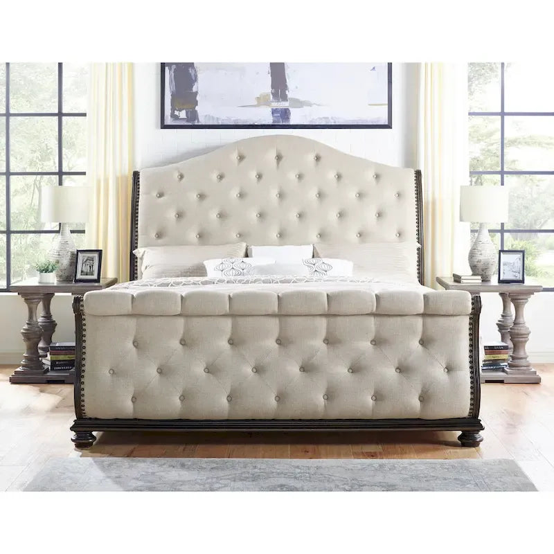 Beige Upholstered Sleigh Bed - Queen/King Size