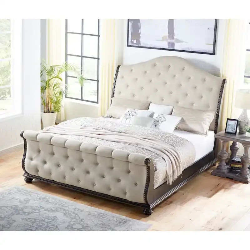Beige Upholstered Sleigh Bed - Queen/King Size
