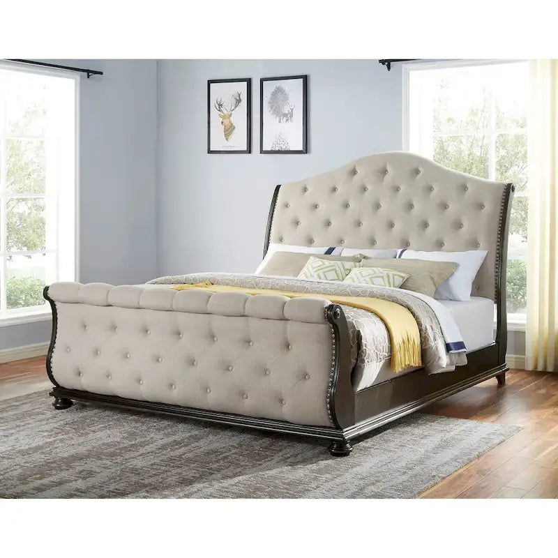 Beige Upholstered Sleigh Bed - Queen/King Size