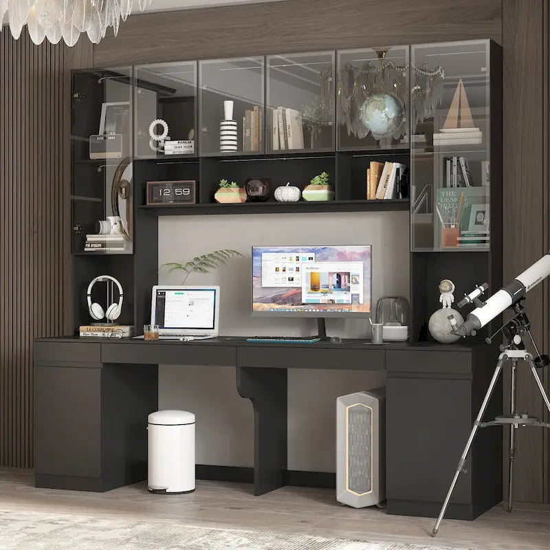 Black Double Desk Workstation with Storage for Two