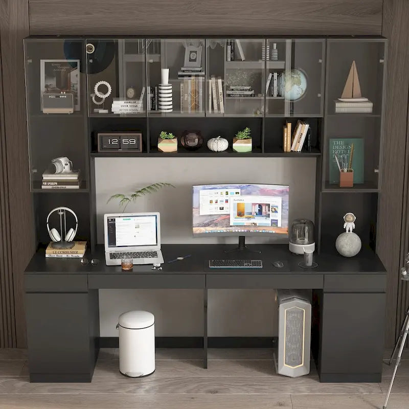 Black Double Desk Workstation with Storage for Two