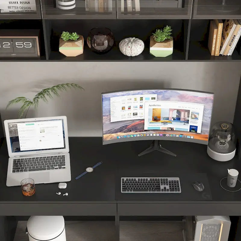 Black Double Desk Workstation with Storage for Two
