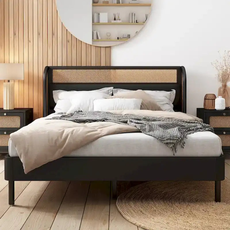 Rattan Wood Platform Queen Bed