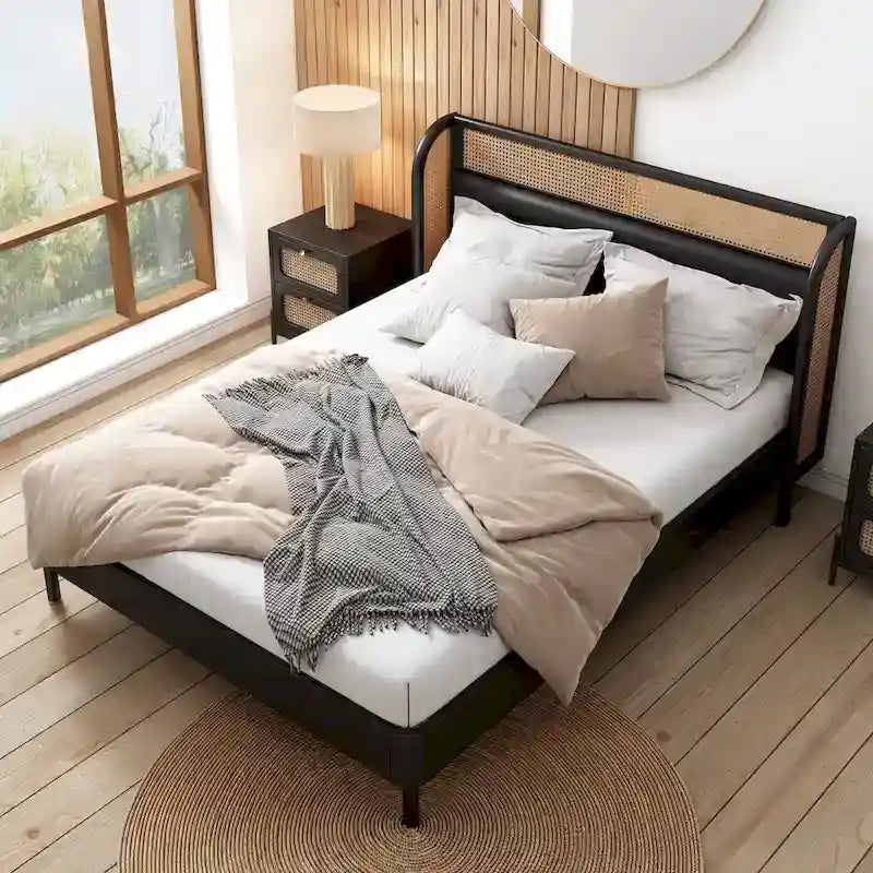Rattan Wood Platform Queen Bed