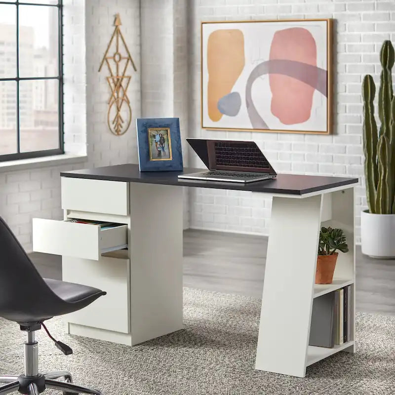 Modern Writing Desk with Drawers - Grey/White - Single User