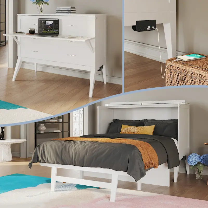 Northampton Full Murphy Bed Desk with Mattress in White