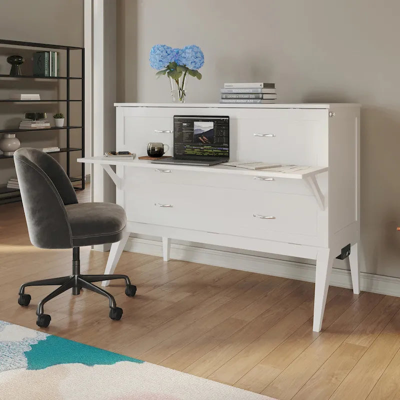 White Full Murphy Bed Desk with Memory Foam Mattress