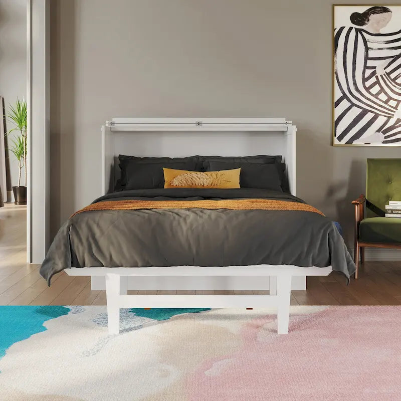 White Full Murphy Bed Desk with Memory Foam Mattress