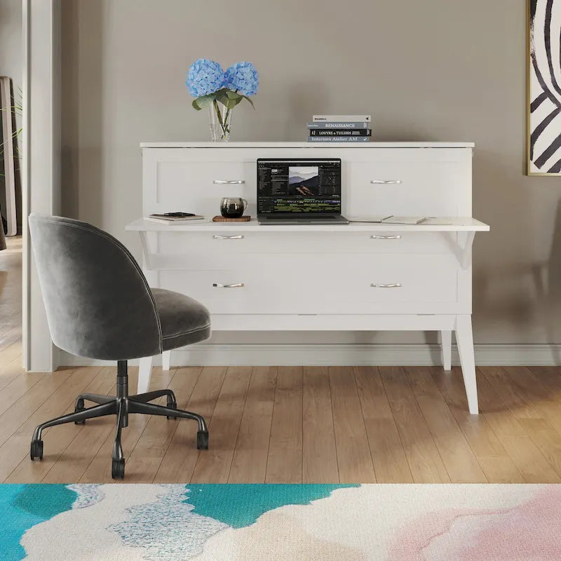 White Full Murphy Bed Desk with Memory Foam Mattress