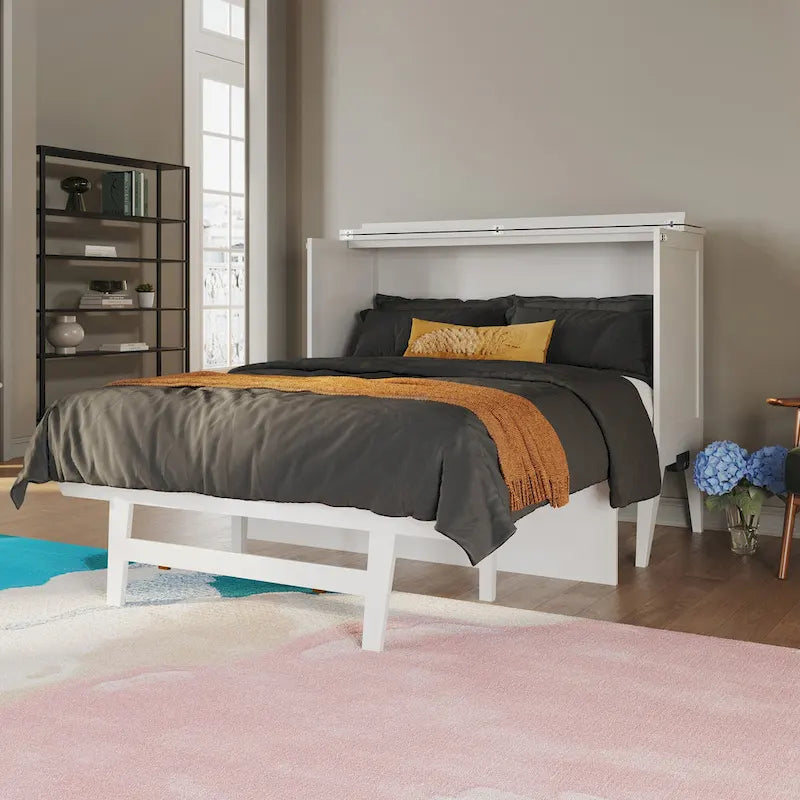 White Full Murphy Bed Desk with Memory Foam Mattress