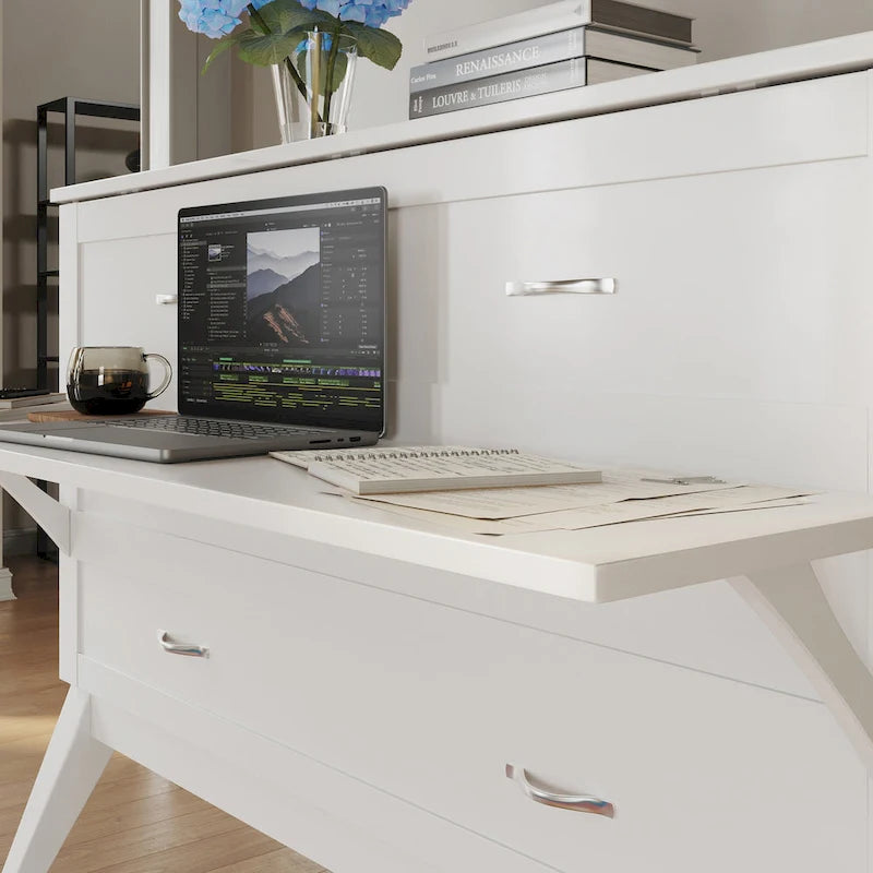 White Full Murphy Bed Desk with Memory Foam Mattress
