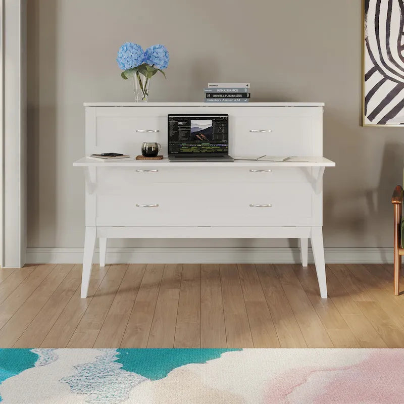 White Full Murphy Bed Desk with Memory Foam Mattress