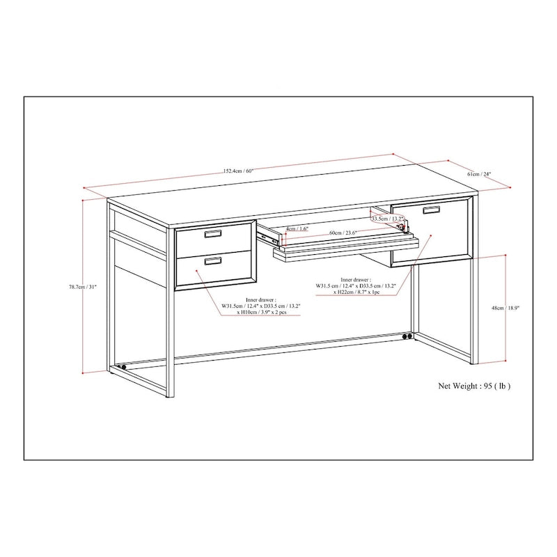 60-Inch Industrial Desk with Keyboard Tray - Rustic Brown