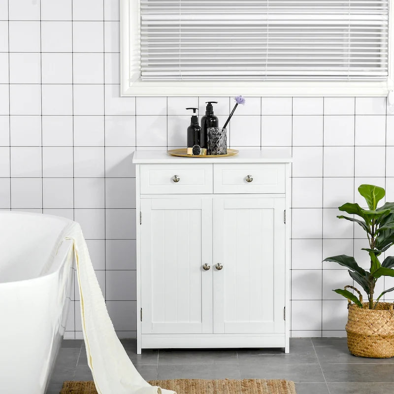 White Freestanding Bathroom Storage Cabinet with 2 Drawers and Adjustable Shelf