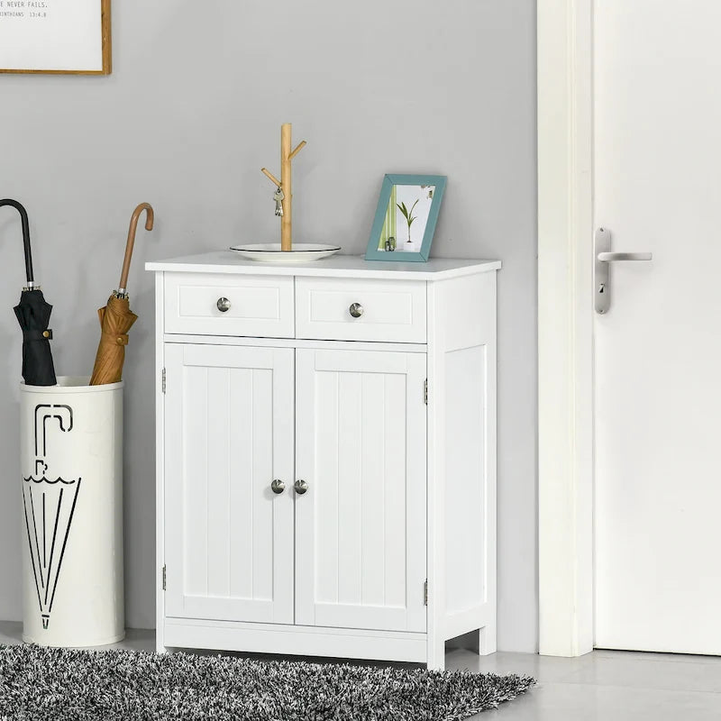 White Freestanding Bathroom Storage Cabinet with 2 Drawers and Adjustable Shelf