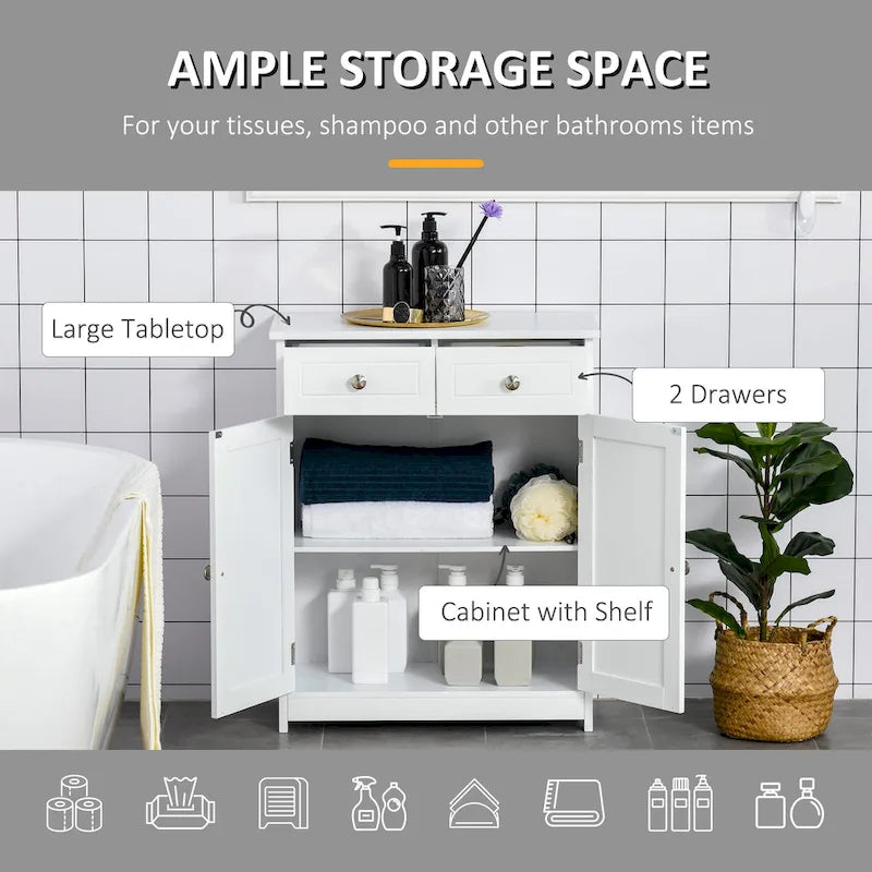 White Freestanding Bathroom Storage Cabinet with 2 Drawers and Adjustable Shelf