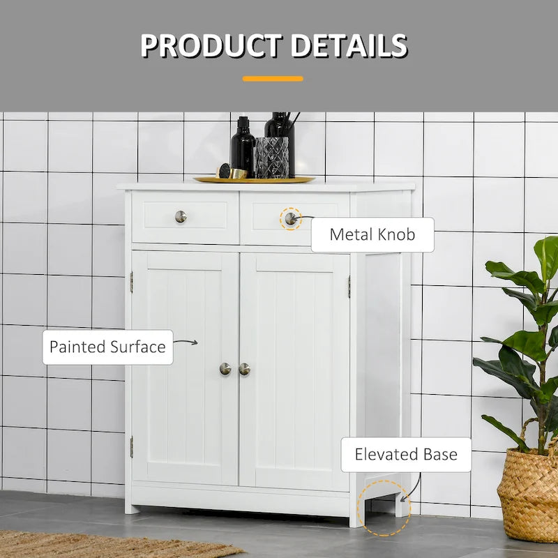 White Freestanding Bathroom Storage Cabinet with 2 Drawers and Adjustable Shelf