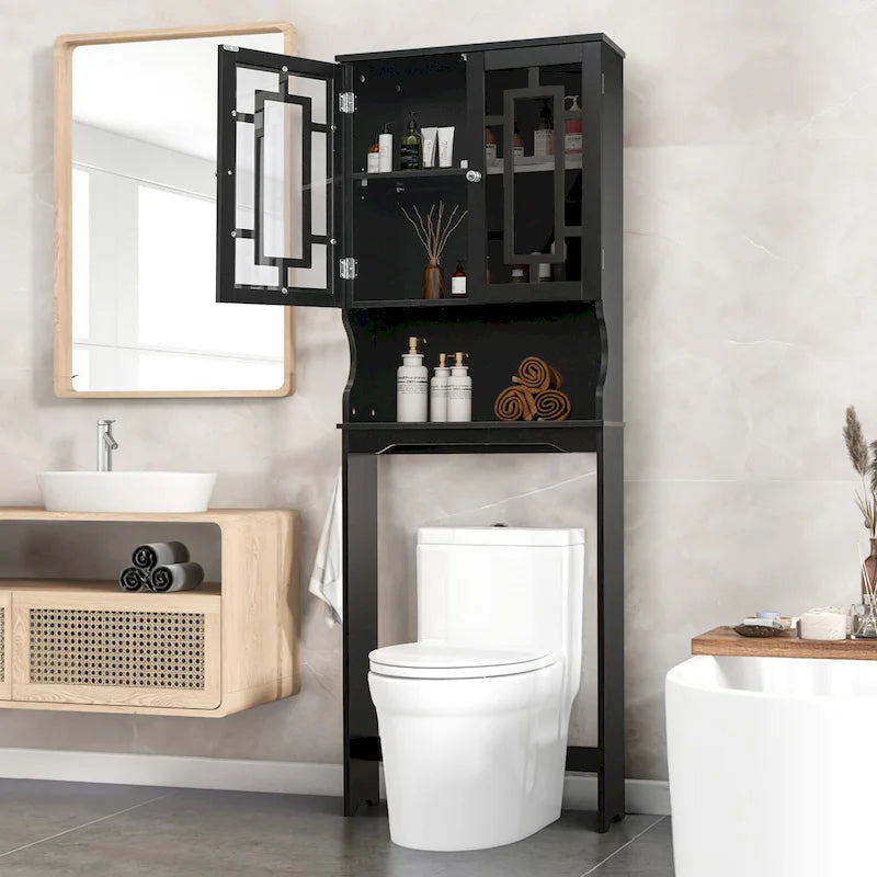 White Over-Toilet Storage Cabinet with Glass Doors