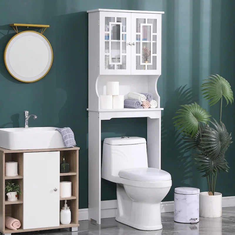 White Over-Toilet Storage Cabinet with Glass Doors