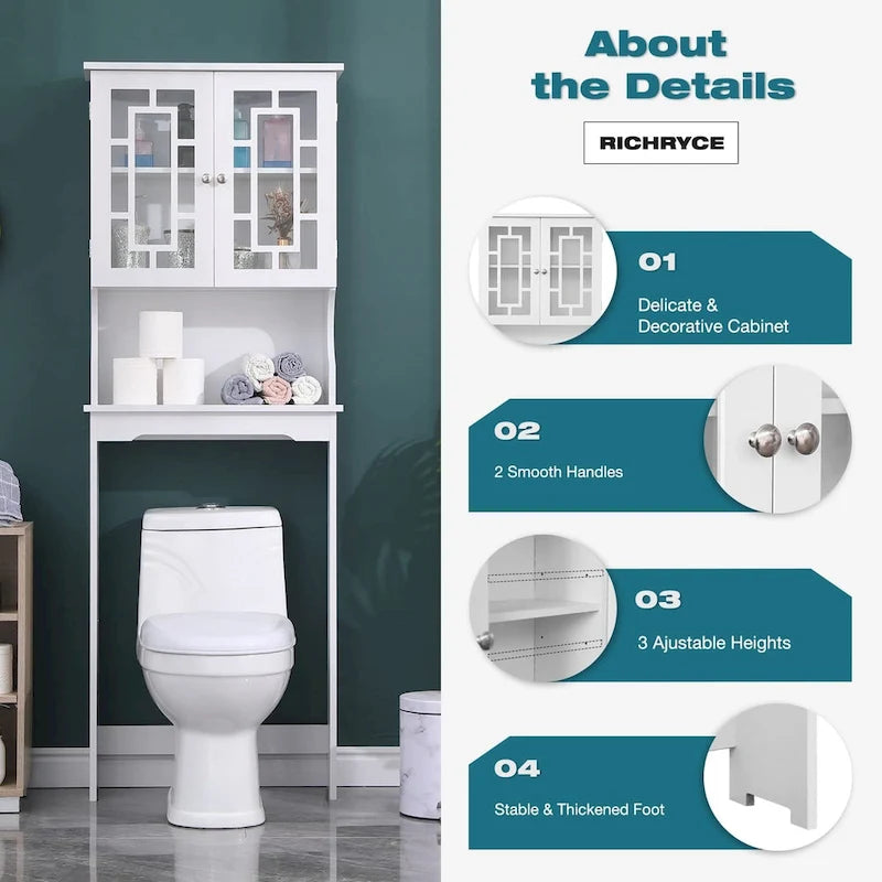 White Over-Toilet Storage Cabinet with Glass Doors
