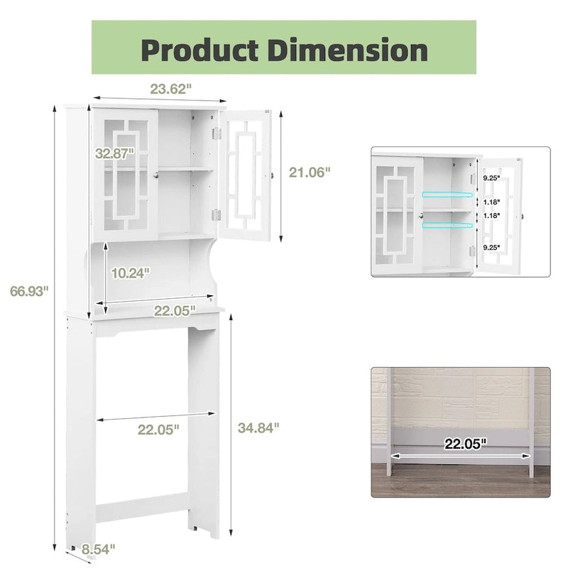 White Over-Toilet Storage Cabinet with Glass Doors
