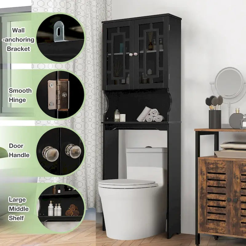 White Over-Toilet Storage Cabinet with Glass Doors