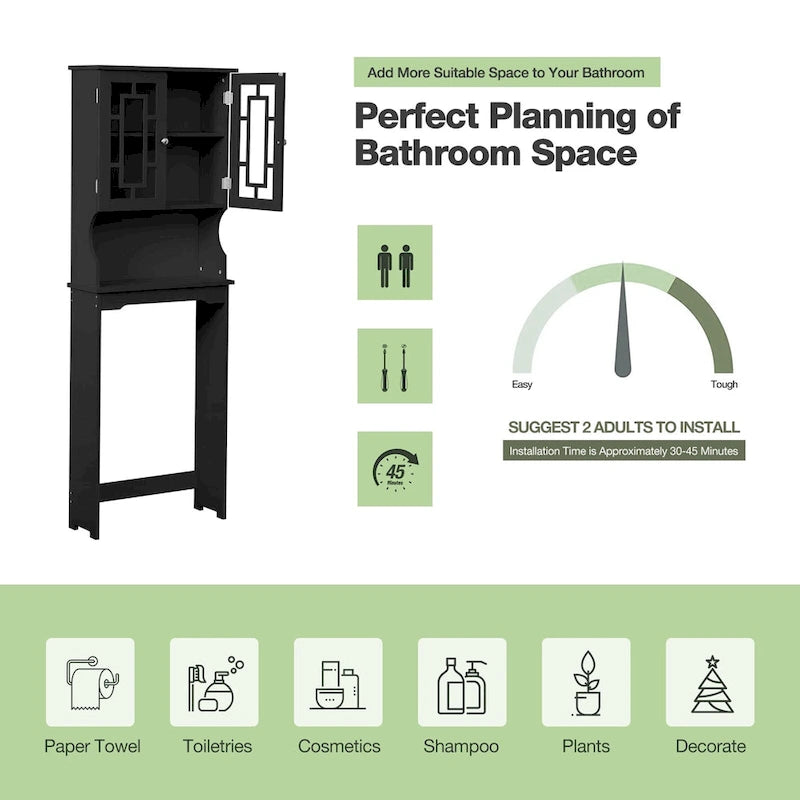 White Over-Toilet Storage Cabinet with Glass Doors