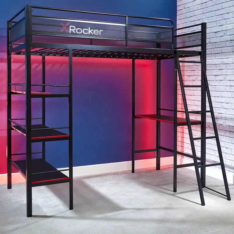 Black Twin-over-Twin Gaming Bunk Bed with Built-in Desk and Shelves