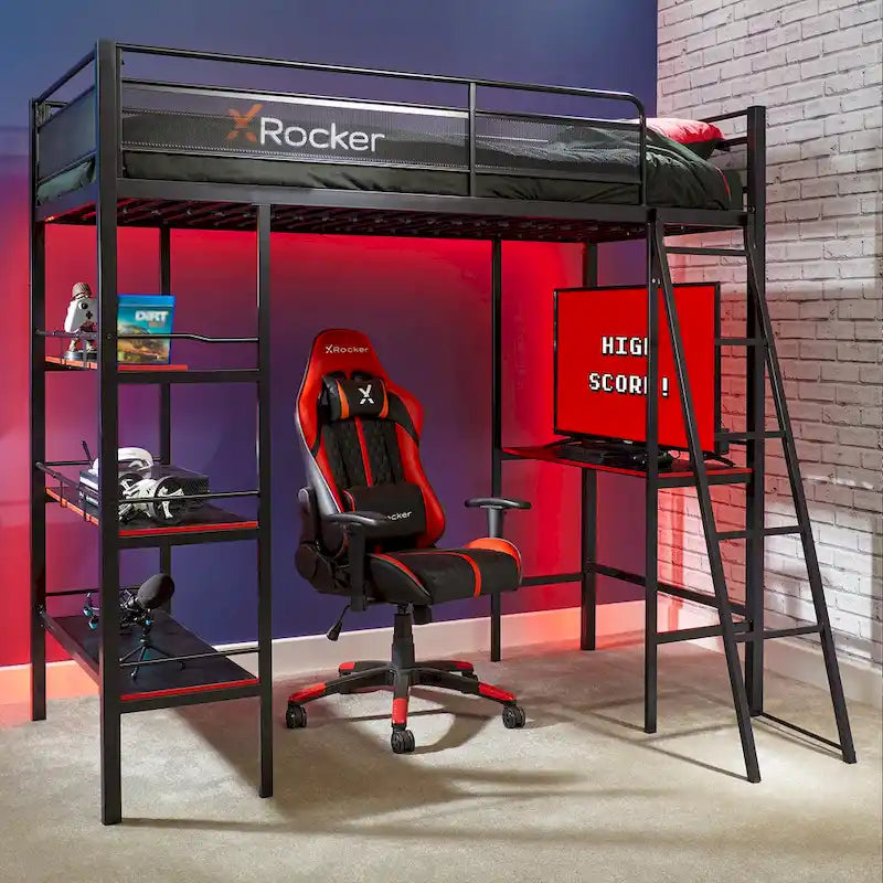 Black Twin-over-Twin Gaming Bunk Bed with Built-in Desk and Shelves