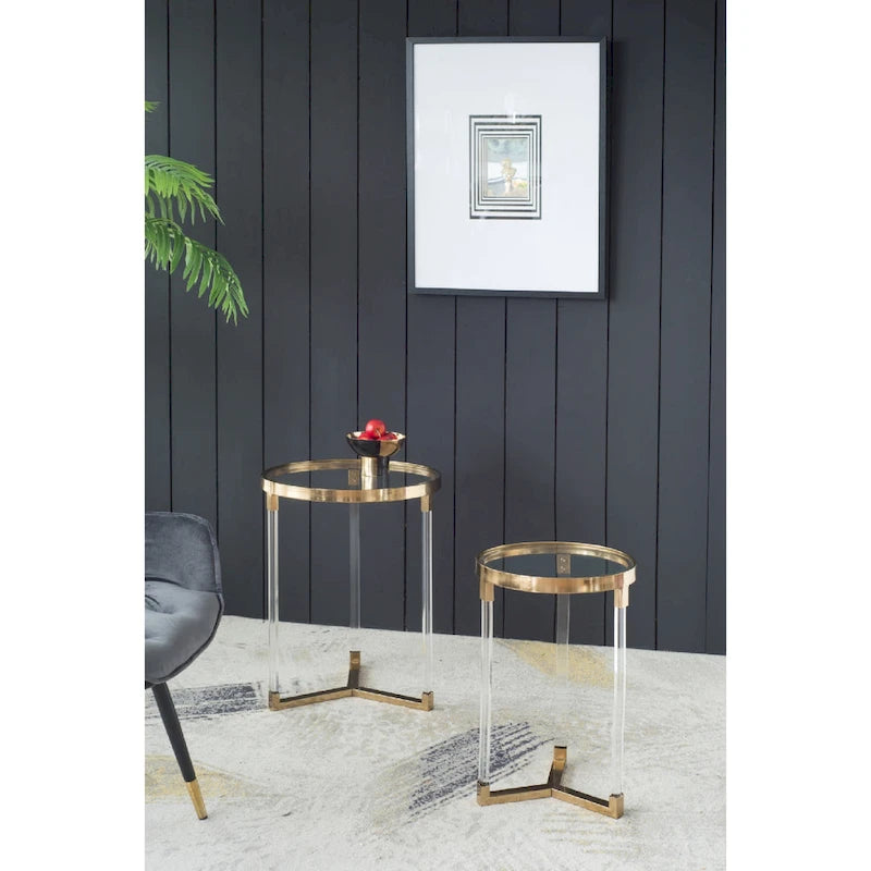 Gold & Clear Acrylic Round Side Tables - Set of 2