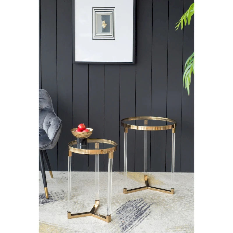 Gold & Clear Acrylic Round Side Tables - Set of 2