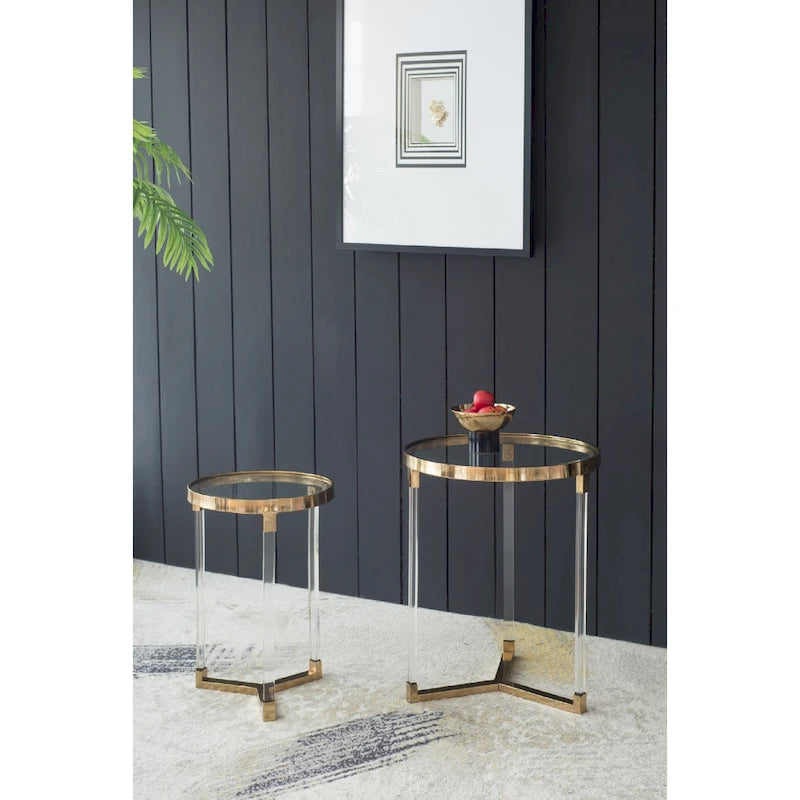 Gold & Clear Acrylic Round Side Tables - Set of 2