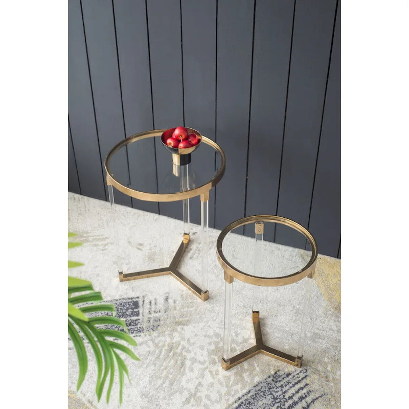 Gold & Clear Acrylic Round Side Tables - Set of 2