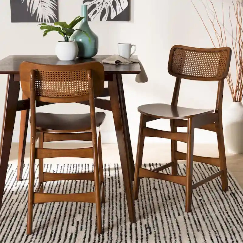Brown Rattan Dining Chairs Set of 2 - Mid-Century Style