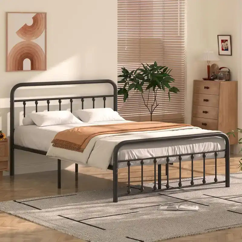 Black Metal Bed Frame with Vintage Headboard and Footboard,No Box Spring Needed,Premium Stable Steel Slat Support,Black