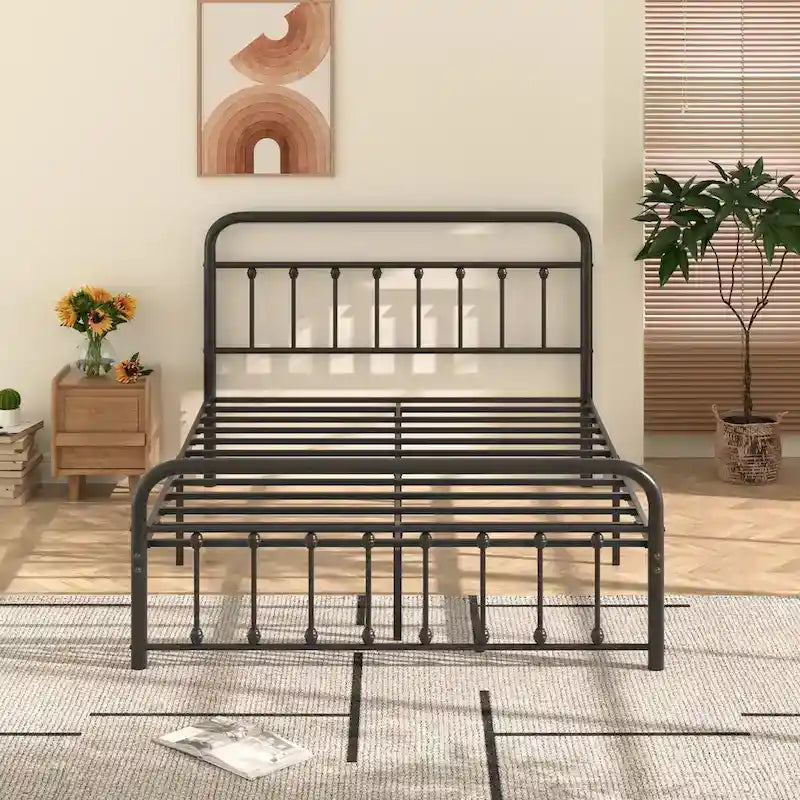 Black Metal Bed Frame with Vintage Headboard and Footboard,No Box Spring Needed,Premium Stable Steel Slat Support,Black