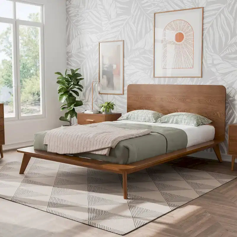 Walnut 3-Piece Mid-Century Bedroom Set - King/Queen/Full Platform Bed with 2 Nightstands