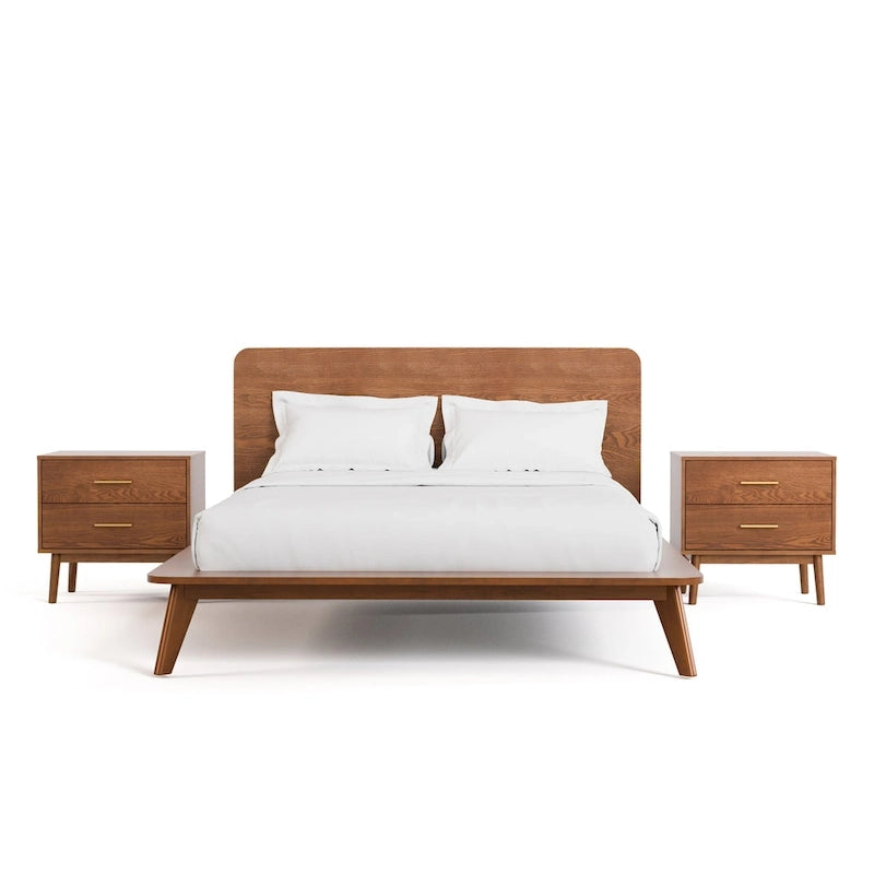 Walnut 3-Piece Mid-Century Bedroom Set - King/Queen/Full Platform Bed with 2 Nightstands