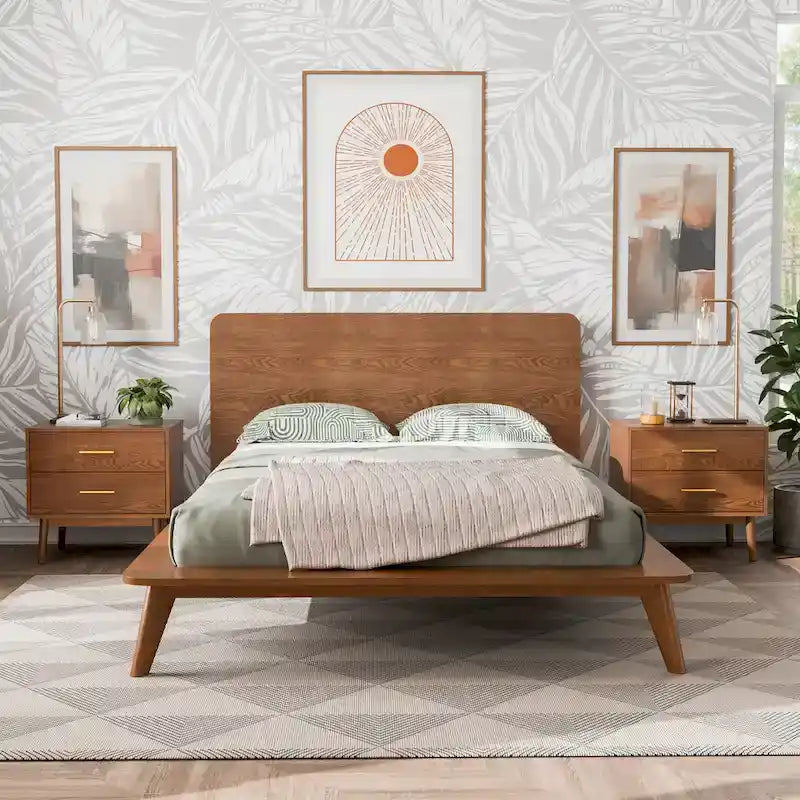 Walnut 3-Piece Mid-Century Bedroom Set - King/Queen/Full Platform Bed with 2 Nightstands